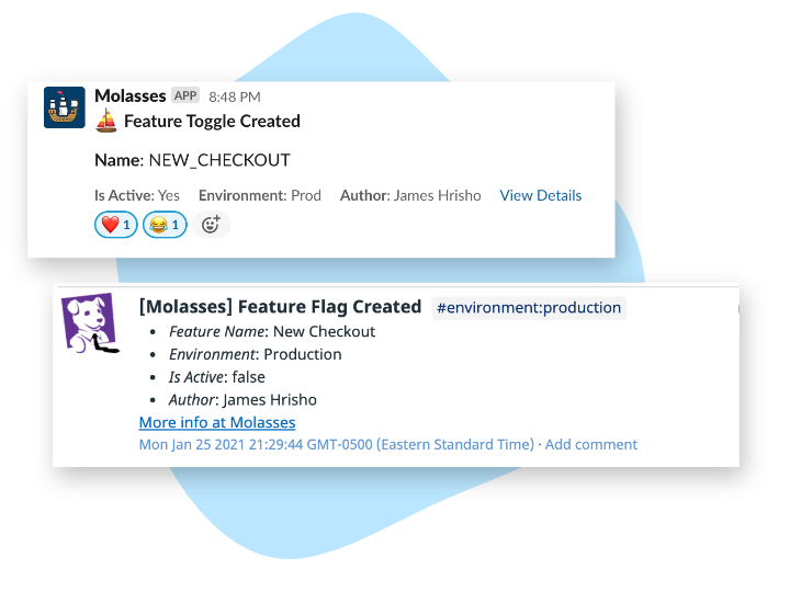 An example Slack message from the Molasses service letting a user know that a feature flag was created with metadata